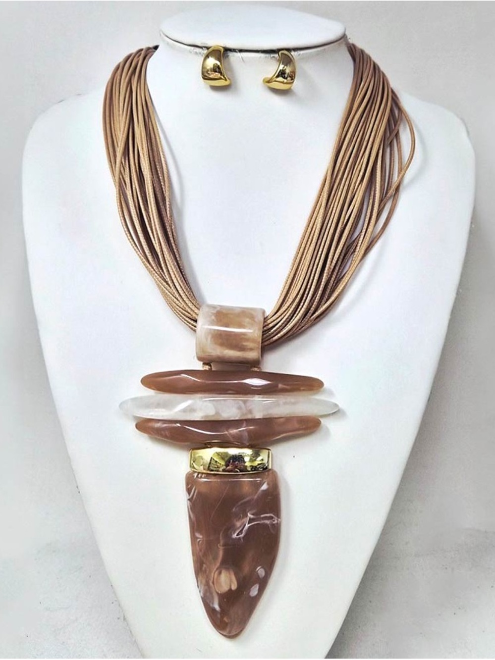 Statement Multi-Strand Beige Pendant Necklace with Gold Accents